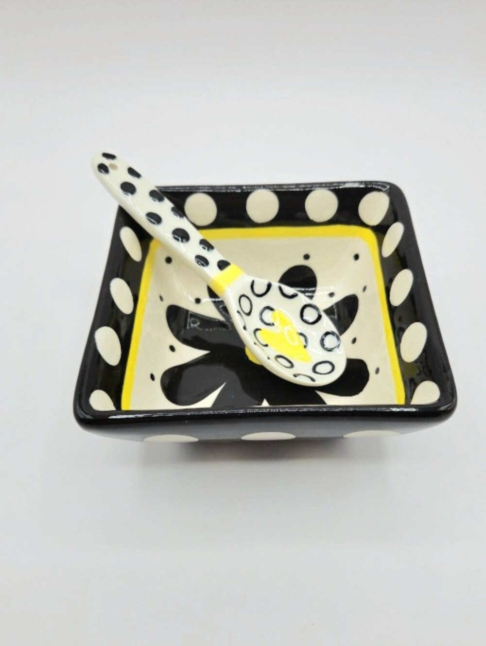 MSC Whimsical Ceramic Condiment Dish w/ Spoon Black White Yellow Polka Dot